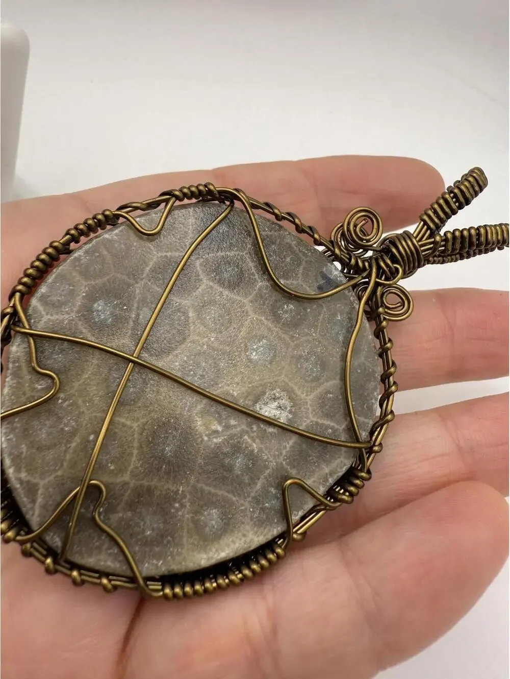 Large Handcrafted Wire Wrapped Petoskey Stone Pendant Amulet